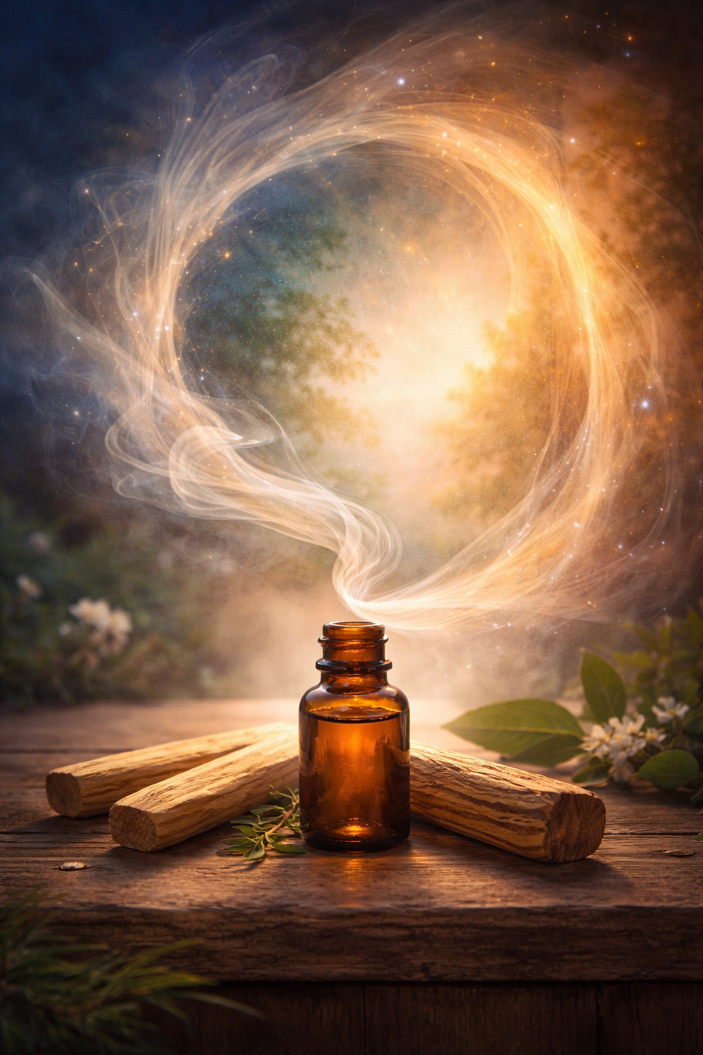Aceite esencial de Palo Santo con humo formando un portal luminoso en tonos dorados y azules, símbolo de introspección y transformación emocional