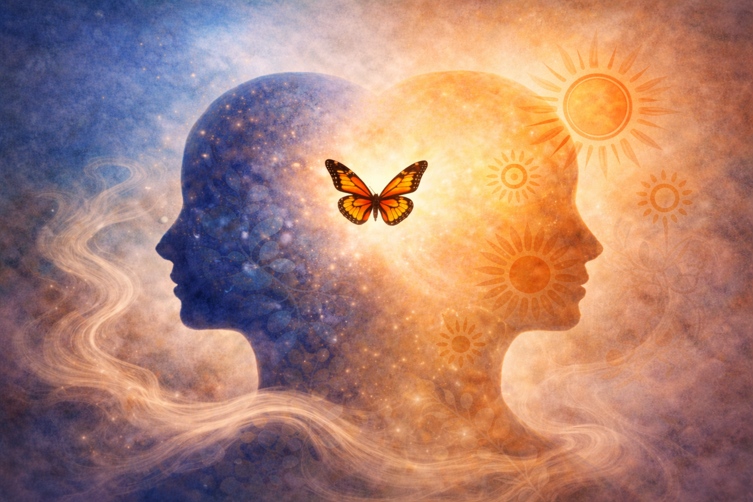 Silhouette humaine avec dualité bleu et doré, papillon lumineux et fumée de Palo Santo illustrant les bienfaits de l’huile essentielle sur les émotions