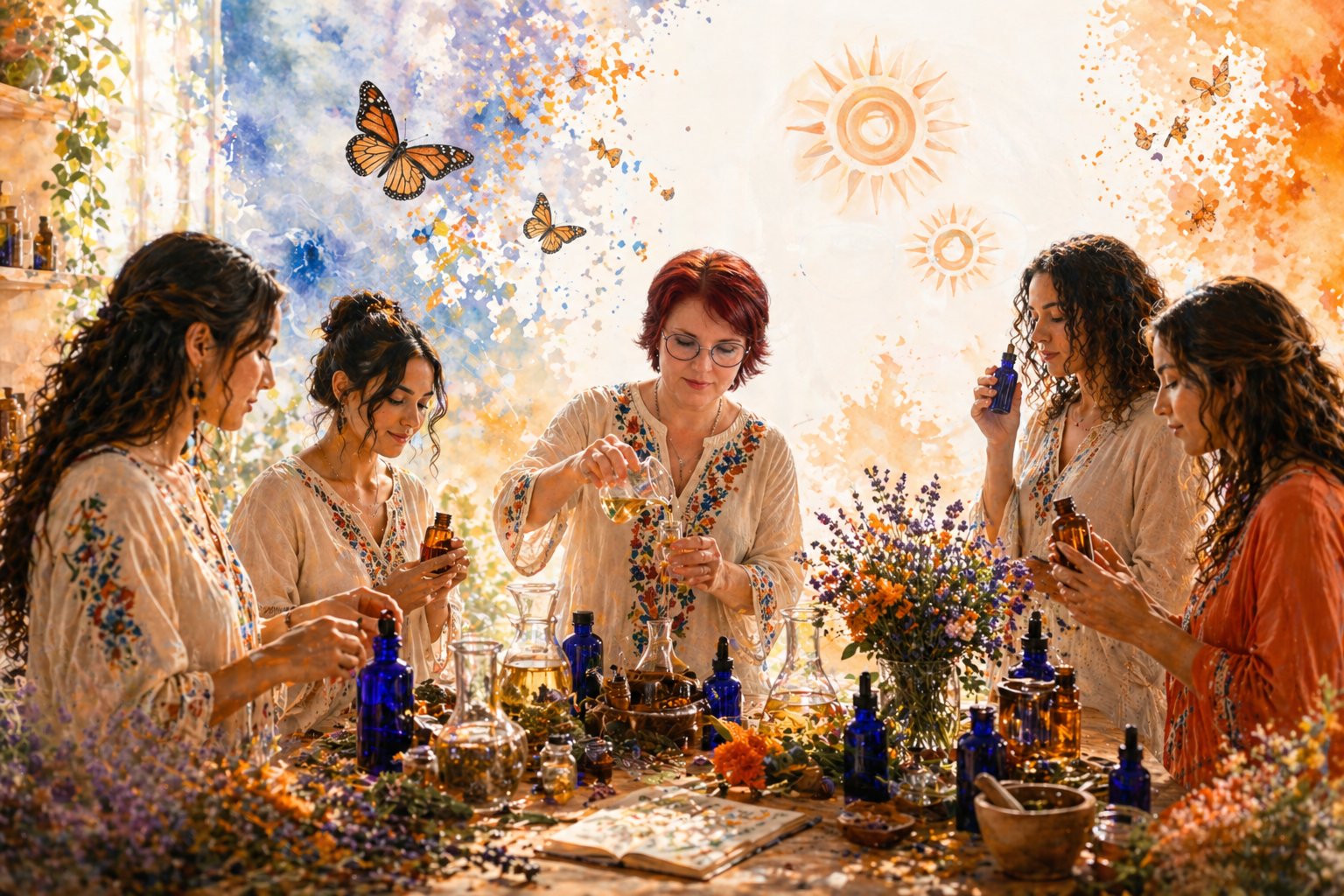 Atelier d’aromathérapie et cosmétiques naturels avec femmes créant huiles essentielles et élixirs dans un laboratoire lumineux et artistique