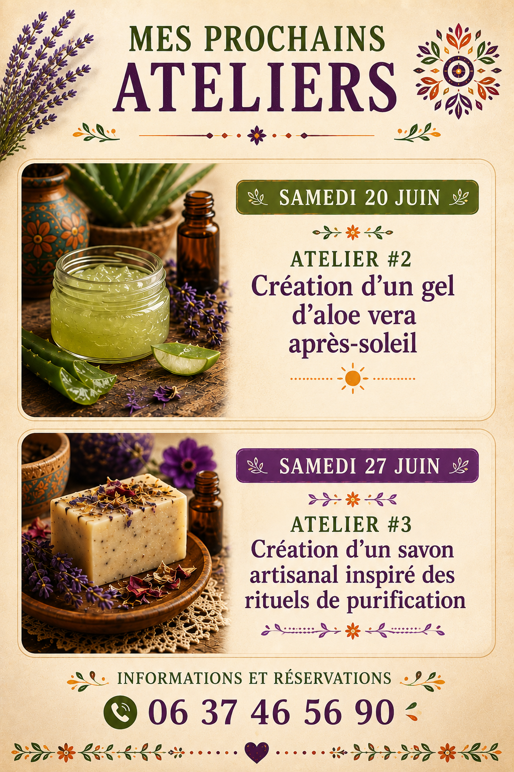 Calendrier des ateliers d’aromathérapie et de créations naturelles en juin 2026 : atelier gel d’aloe vera après-soleil et atelier savon artisanal inspiré des rituels de purification.