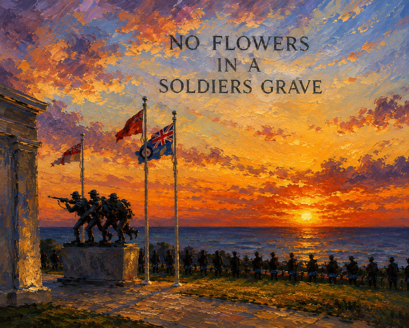 Mémorial britannique de Normandie à Ver-sur-Mer, soldats face à la mer sous un ciel lumineux, illustration à l’huile sur la mémoire de la guerre.