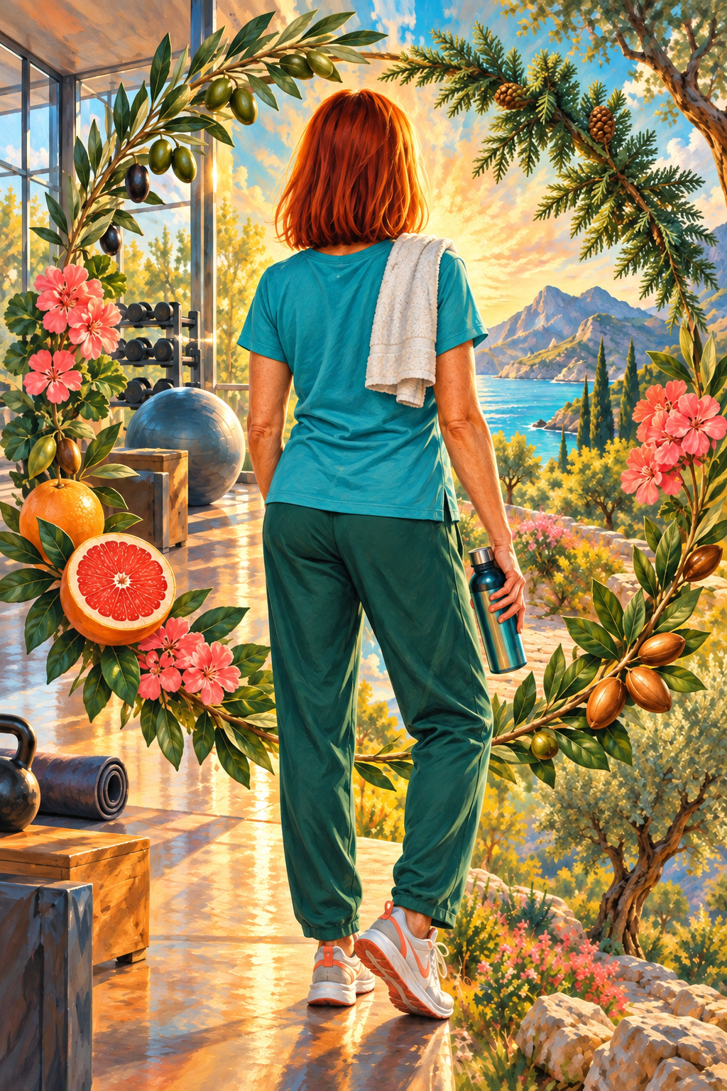 Femme rousse de dos en tenue de sport ample, entourée de feuilles d’olivier, de cèdre, de géraniums et de pamplemousses.